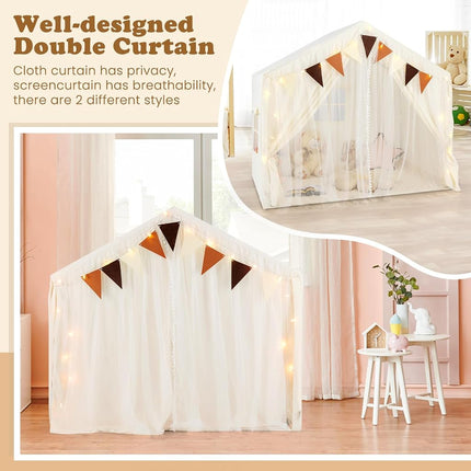 INFANS Kids Play Tent, Large Size Playhouse with Washable Cotton Mat Star Light Windows Plaid Pennants, 57.5” x 38” x 52.5”, Indoor Outdoor Princess Tents Castle for Toddlers Age 3+ Years Old (Beige)
