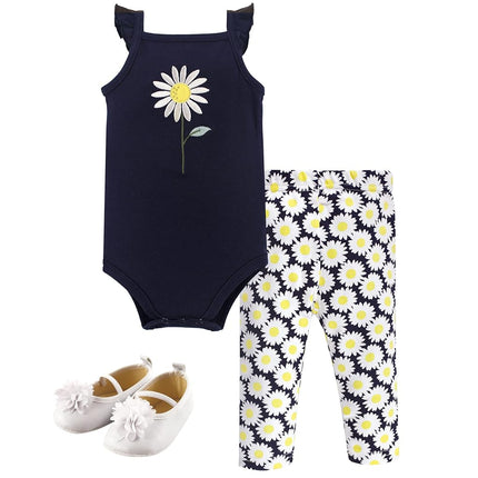 Hudson Baby Baby Cotton Bodysuit, Bottoms and Shoe Set, Daisy 3 Piece, 3-6 Months (6M)