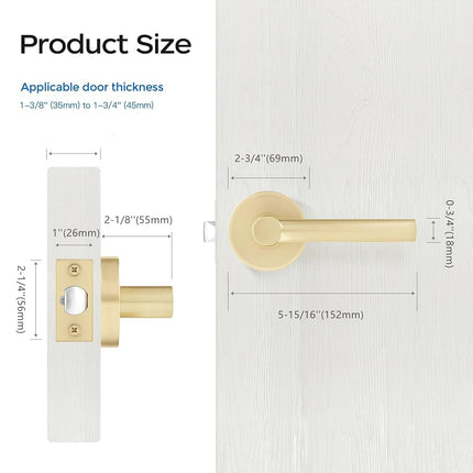Leydebong 1 Pack Passage Lever Door Handle [Non-Locking Lever] for Hallway Doors or Closets with a Satin Brass Finish, Reversible for Right & Left Side