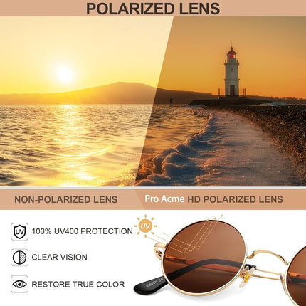 Gafas de sol polarizadas pequeñas redondas Pro Acme para hombres y mujeres, estilo retro, con montura de metal, UV400, C6 - Marco dorado/Lente marrón, Pequeñas