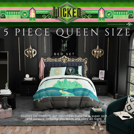 Franco Collectibles Wicked Elphaba and Glinda Bedding 5 Piece Super Soft Reversible Comforter and Sheet Set, Queen, (Officially Licensed Product)