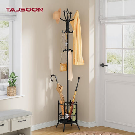 Tajsoon Coat Rack with Umbrella Holder, Coat Stand With 16 Hooks, Black
