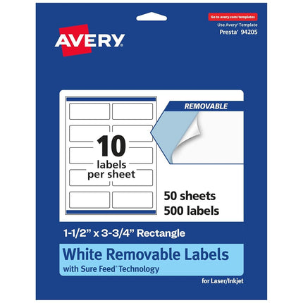 Avery Matte White Removable Rectangle Labels with Sure Feed Technology, Print-to-The-Edge, 1.5" x 3.75", 500 Removable Labels, Laser/Inkjet Printable Labels