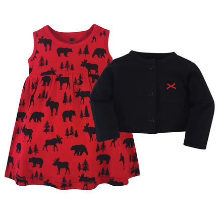 Ensemble robe et cardigan en coton pour bébés filles Hudson Baby, motif élan et ours rouge, 6-9 mois