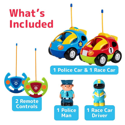 Prextex Remote Control Cars for Kids Age 3 and Up - 2-Pack Cartoon RC Car Police and Race Kids Toys - Realistic Sirens, Honking Sounds, and Flashing Headlights - Ideal Stocking Fillers for Toddlers