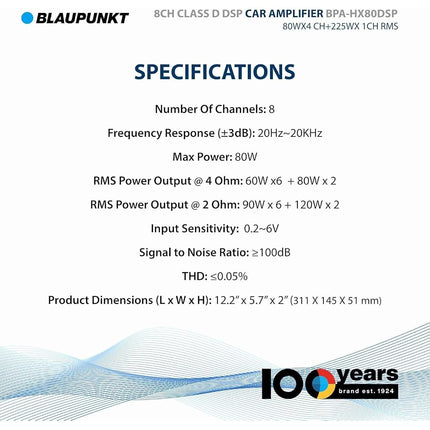 BLAUPUNKT BPAHX80DSP Système de récepteur audio de voiture avec amplificateur DSP Classe D 8 canaux et la puissance robuste des amplificateurs de la série C