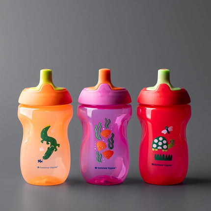 Tommee Tippee Sportee Bottle, Sippy Cup for Toddlers, 12 Months+, 10oz, Spill-Proof, Bite Resistant Spout, Easy to Hold Design, Pack of 3, Purple, Red and Orange