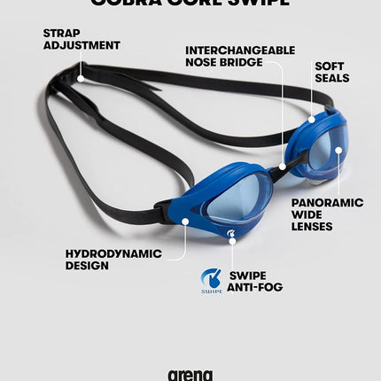ARENA Cobra Core Swipe Unisex Adult Racing Swimming Goggles, Swimming Pool Goggles with Curved Lenses, Anti-Fog, UV Protection, 5 Interchangeable Nose Bridges