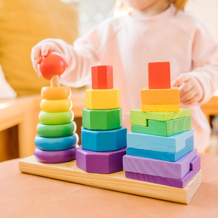 Melissa & Doug Geometric Stacker - Wooden Educational Toy - Shape Sorter And Stacking Toy, Stacking Tower Toy For Babies, Toddlers And Kids Ages 2+