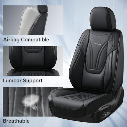 Coverado Car Seat Covers Full Set, 5 Piece Car Seat Protector with Lumbar Support & Removable Headrest, Breathable Leather Front Rear Seat Cushion Universal Fit for Truck Automotive Black
