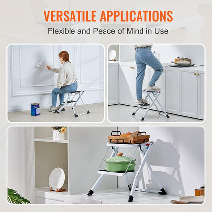 VEVOR Step Ladder 2-Step 150kg Capacity, Ergonomic Folding Steel Step Stool with Wide Anti-Slip Pedal, Sturdy Step Stool for Adults Toddlers, Multi-Use for Household, Kitchen, Office, RVs