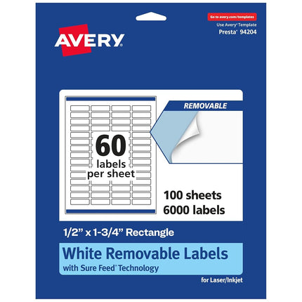 Avery Matte White Removable Rectangle Labels with Sure Feed Technology, Print-to-The-Edge, 5" x 1.75", 6,000 Removable Labels, Laser/Inkjet Printable Labels