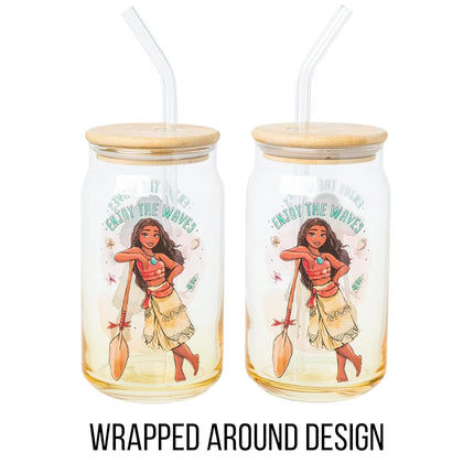 Silver Buffalo Disney Moana “Enjoy The Waves” Glass Tumbler with Bamboo Lid and Glass Straw, 16 Ounces