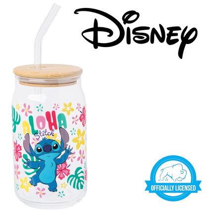 Silver Buffalo Disney Lilo and Stitch “Aloha” Tropical Hawaiian Glass Jar Tumbler with Bamboo Lid and Glass Straw, 16 Ounces
