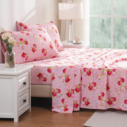 Bedlifes Rose Floral Sheet Set Luxury Ultra Soft Wrinkle-Free Hypoallergenic Pattern Printed Bed Sheets Deep Pocket Flat Sheet& Fitted Sheet& Pillowcase 100% Microfiber 3 Piece Twin Pink Flowers