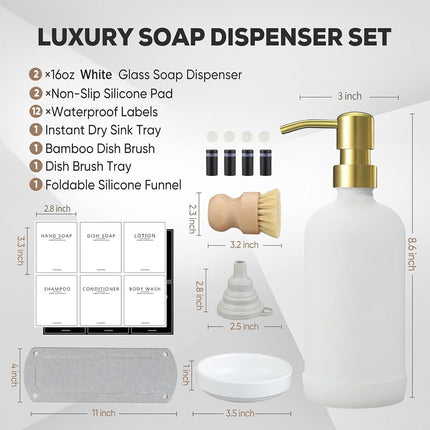 NEECZS Kitchen Soap Dispenser Set with Instant Dry Tray,16 Oz Hand and Dish Soap White Glass Dispenser Set,Stainless Steel Pump,Waterproof Labels&Dish Brush,Luxury Soap Bottle for Kitchen,Bathroom