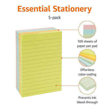 Amazon Basics Lined Square Sticky Notes, 10.16 x 15 cm, Assorted Colours, Pack of 5