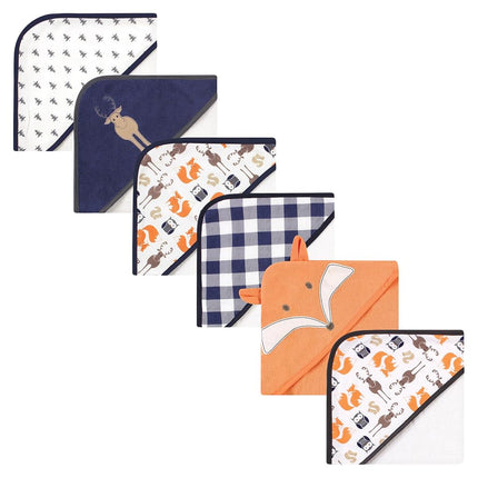 Hudson Baby Unisex Baby 6Pc Cotton Rich Hooded Towels Bundle Set, Blue Moose Fox, One Size