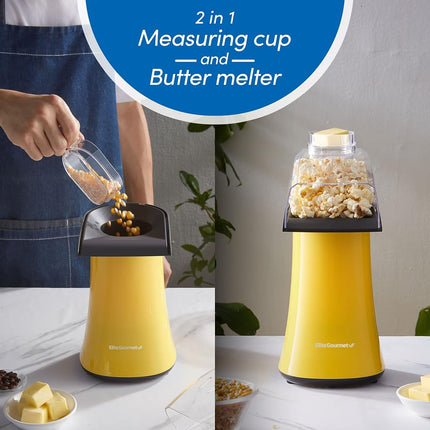 Elite Gourmet Fast Hot Air Popcorn Popper, 1300W Electric Popcorn Maker with Measuring Cup & Butter Melting Tray, Oil-Free, Great for Home Party Kids, Safety ETL Approved, 4-Quart, Yellow