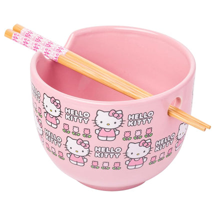 Silver Buffalo Sanrio Hello Kitty Flowers Pattern Cuenco de cerámica para ramen/arroz con palillos, apto para microondas, 590 ml