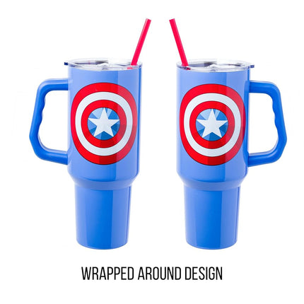 Silver Buffalo Marvel Captain America Shield Stainless Steel Tumbler with Handle and Straw, Fits in Standard Cup Holder, 40 Ounces