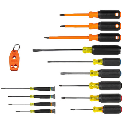 Klein Tools 85814 Screwdriver Set, Precision, Insulated, Color-Coded Handles, Phillips, Slotted, Cabinet, Keystone, Demolition, Square Tips, 14-Piece