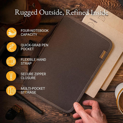 LOCHBY Field Folio A5 | Zipper Journal Notebook Cover | Water Resistant Waxed Canvas | Included Tomoe River Notebook | Perfect for Travel, Art, Bullet Journal | brown
