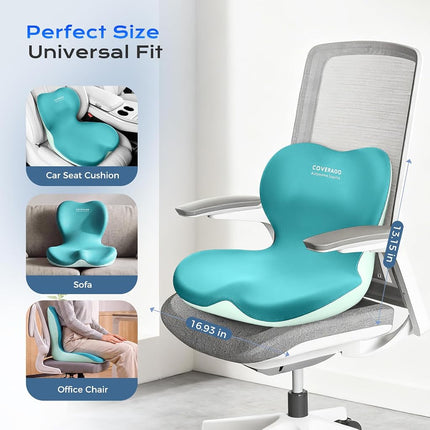 Coverado Car Seat Cushion and Lumbar Support Pillow One Piece, Memory Foam Ergonomic Back Support Driving Seat Cushion for Back Pain, Non-Slip Washable Cushion for Car, Driver, Office