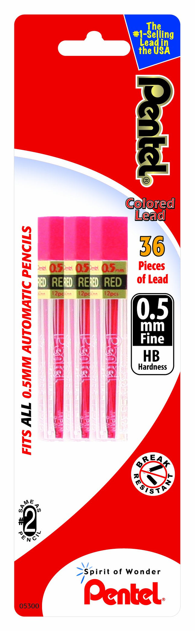 Pentel Refill Lead, 0.5mm, Fine, Red, 12 Pieces pe