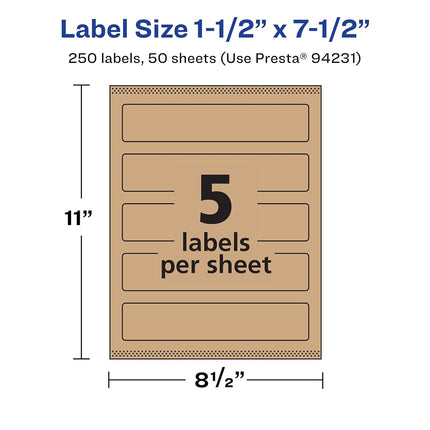 Étiquettes rectangulaires Avery en papier kraft marron avec alimentation fiable, 3,8 cm x 19 cm, 250 étiquettes en papier kraft marron, imprimables jusqu'au bord, imprimables au laser/jet d'encre
