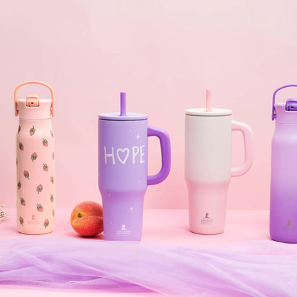 Zak Designs St. Jude Sutton Travel Tumbler for On The Go, 40oz Stainless Steel with Vacuum Insulation, Silicone Straw, and Carry Handle for Cold Drinks (Pink Ombre)