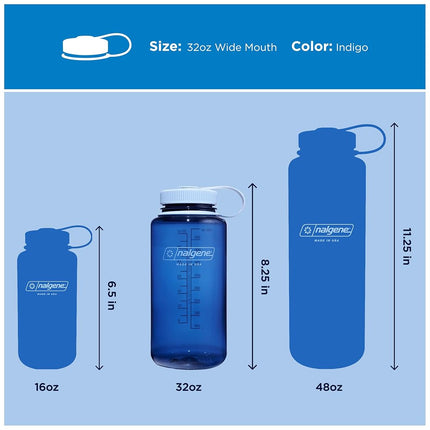 Nalgene Water Bottle - Lightweight Sustain Tritan BPA-Free Shatterproof Bottle for Backpacking, Hiking, Gym, 32 OZ, Wide Mouth, Indigo