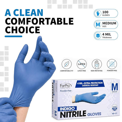 ForPro Disposable Nitrile Gloves, Chemical Resistant, Powder-Free, Latex-Free, Non-Sterile, Food Safe, 4 Mil, Indigo, Medium, 100-Count