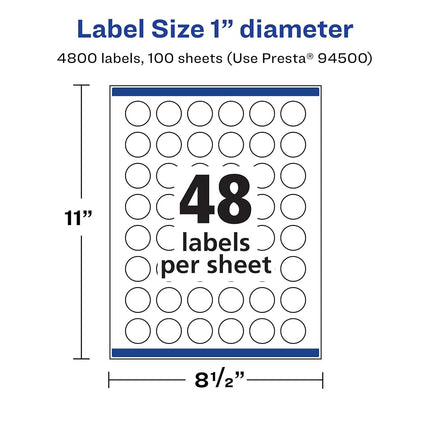 Avery Matte White Round Labels with Sure Feed, 1" Diameter, 4,800 Matte White Printable Labels