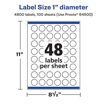 Avery Matte White Round Labels with Sure Feed, 1" Diameter, 4,800 Matte White Printable Labels