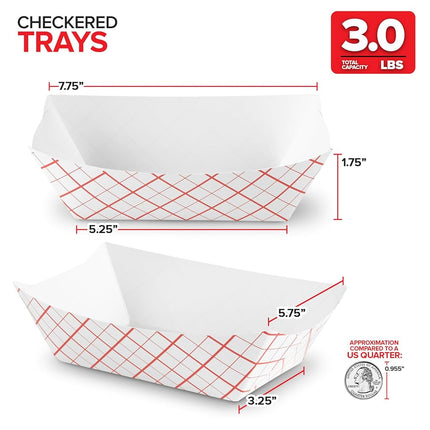 100-Pack 3 lb Paper Food Trays – Red & White Checkered Disposable Paper Food Boats, Eco-Friendly Serving Trays for Concessions, Nachos, Snacks & Condiments – 5.75" x 3"
