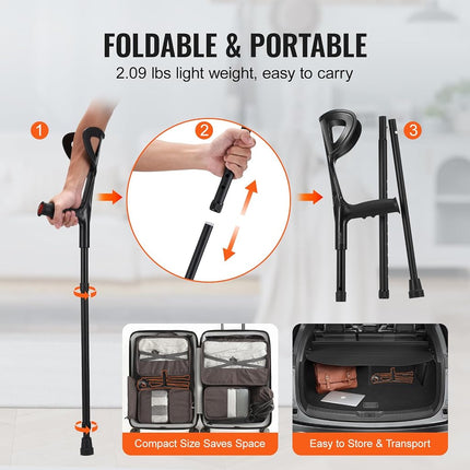 VEVOR Forearm Crutches for Adults, 10-Level Height Adjustable Walking Forearm Crutches, Aluminum Folding Medical Crutches with Open Cuff & Non-Slip Pad for Leg Injury Surgery Disabled, 1 Pair (159 KG)