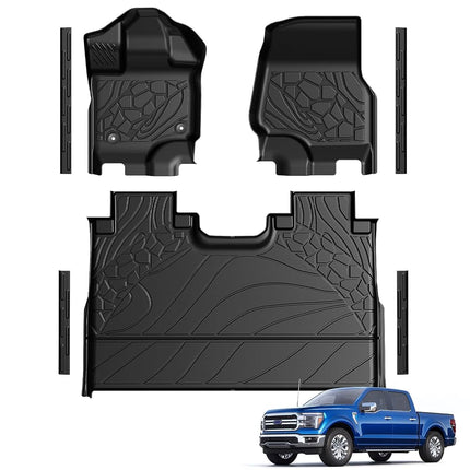 LUMWAY Car Floor Mats for Ford F-150 2015-2025 | F150 Lightning 2022-2025 SuperCrew (Rear w/o Fold Flat Storage) w/Carpet All Weather TPE Black Truck Liners Front & 2nd Row Door Protector Accessories