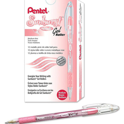 Pentel Sunburst Metallic Gel Pen, 0.8mm Tip Writes 0.4mm Line, Pink/Transparent Barrel Pink Ink, Box of 12 (K908-MP) by Pentel