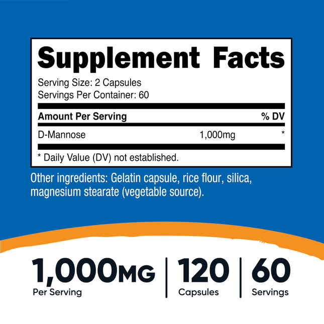Nutricost D-Mannose 500 mg, 120 gélules – 1000 mg par portion, sans OGM et sans gluten