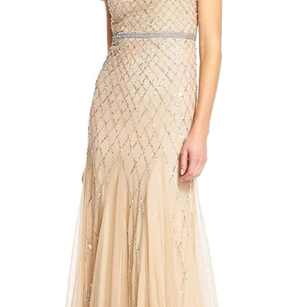 Adrianna Papell womens091904940Short-sleeve Beaded Mesh Gown Short-Sleeve Dress - Metallic - 14 Champagne