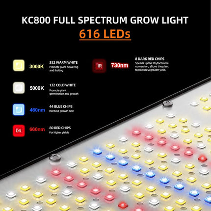 KOSCHEAL KC800 80W LED Grow Light, Full Spectrum, 2.9 µmol/J