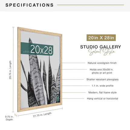 MCS Studio Gallery 20x28 Picture Frame Natural Woodgrain, Photo Frame for Photos, Posters & Art Prints (1-Pack)