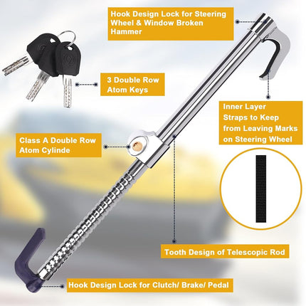 Tevlaphee Universal Steering Wheel Brake Lock Anti-Theft Retractable Double Hook Extended Car Lock Clutch Pedal Lock for Car Truck SUV Van Security with 3 Keys Silver