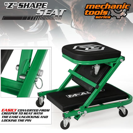 M-AUTO Foldable Z Creeper 2-in-1 Rolling Folding Car Creeper & Seat, 36" Adjustable Roller Garage Chair Lay Down or Sit, 330LBS Capacity Under Car Roller Creeper with 6 Swivel Casters, Green