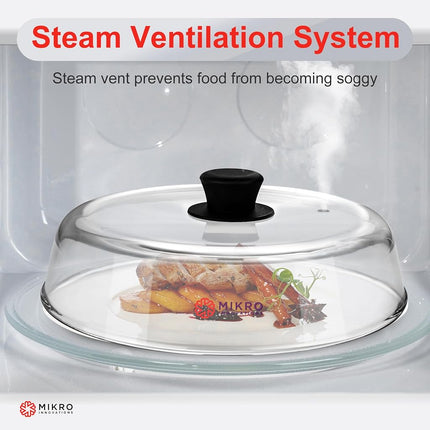 Microwave Glass plate cover for food - Sturdy Borosilicate glass splatter guard with vent hole - 100% Food Safe BPA free Easy Grip Silicone Knob and Dishwasher safe - 10.5in