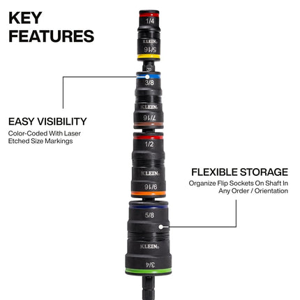 Klein Tools 32934 Impact Driver, 9-in-1 SAE Impact Socket Set, 4 Flip Sockets with 8 Hex Driver Sizes and 1/4-Inch Bit Holder, Impact Rated 6-1/2-Inch Shaft