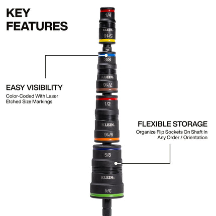 Klein Tools 32934 Impact Driver, 9-in-1 SAE Impact Socket Set, 4 Flip Sockets with 8 Hex Driver Sizes and 1/4-Inch Bit Holder, Impact Rated 6-1/2-Inch Shaft