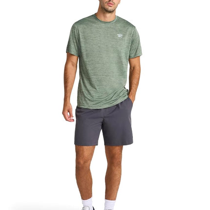 Reebok Mens Trophy Short Sleeve Crewneck T-Shirt, Standard Fit, Breathable Stretch Poly Jersey Knit Fabric, Duck Green Heather, Large