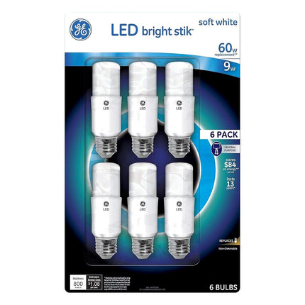 GE Bright Stik 9 Watt Non-Dimmable 2700K LED Bulb,6-Pack